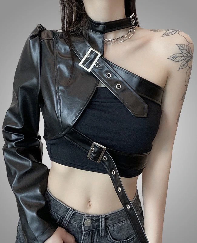 One Shoulder Buckle Top Long Sleeve