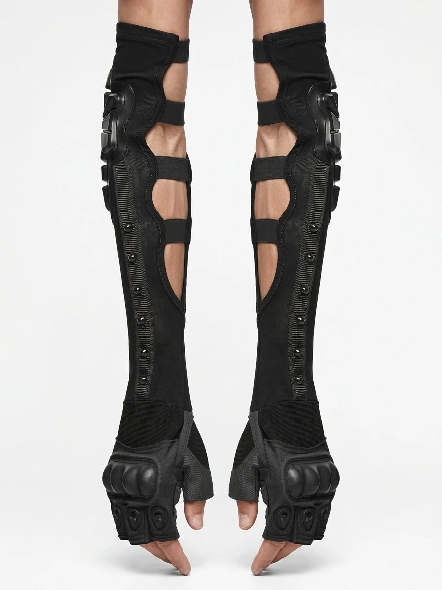 Cyberpunk Fingerless Gloves with Shock-Absorbing Armor Black